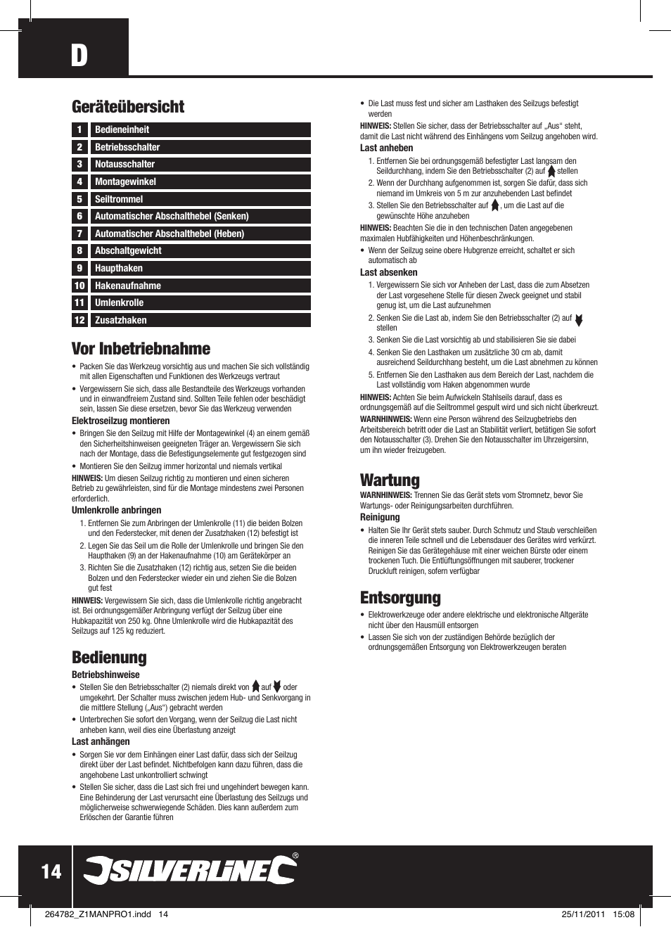 Vor inbetriebnahme, Bedienung, Wartung | Entsorgung, Geräteübersicht | Silverline Electric Hoist 250kg User Manual | Page 15 / 28