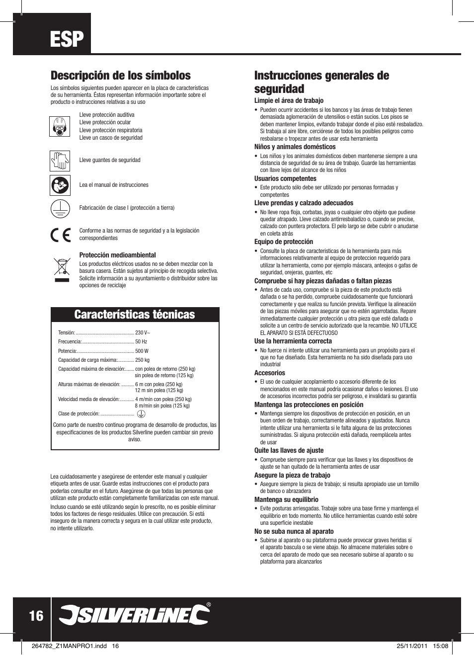 Instrucciones generales de seguridad, Descripción de los símbolos, Características técnicas | Silverline Electric Hoist 250kg User Manual | Page 17 / 28