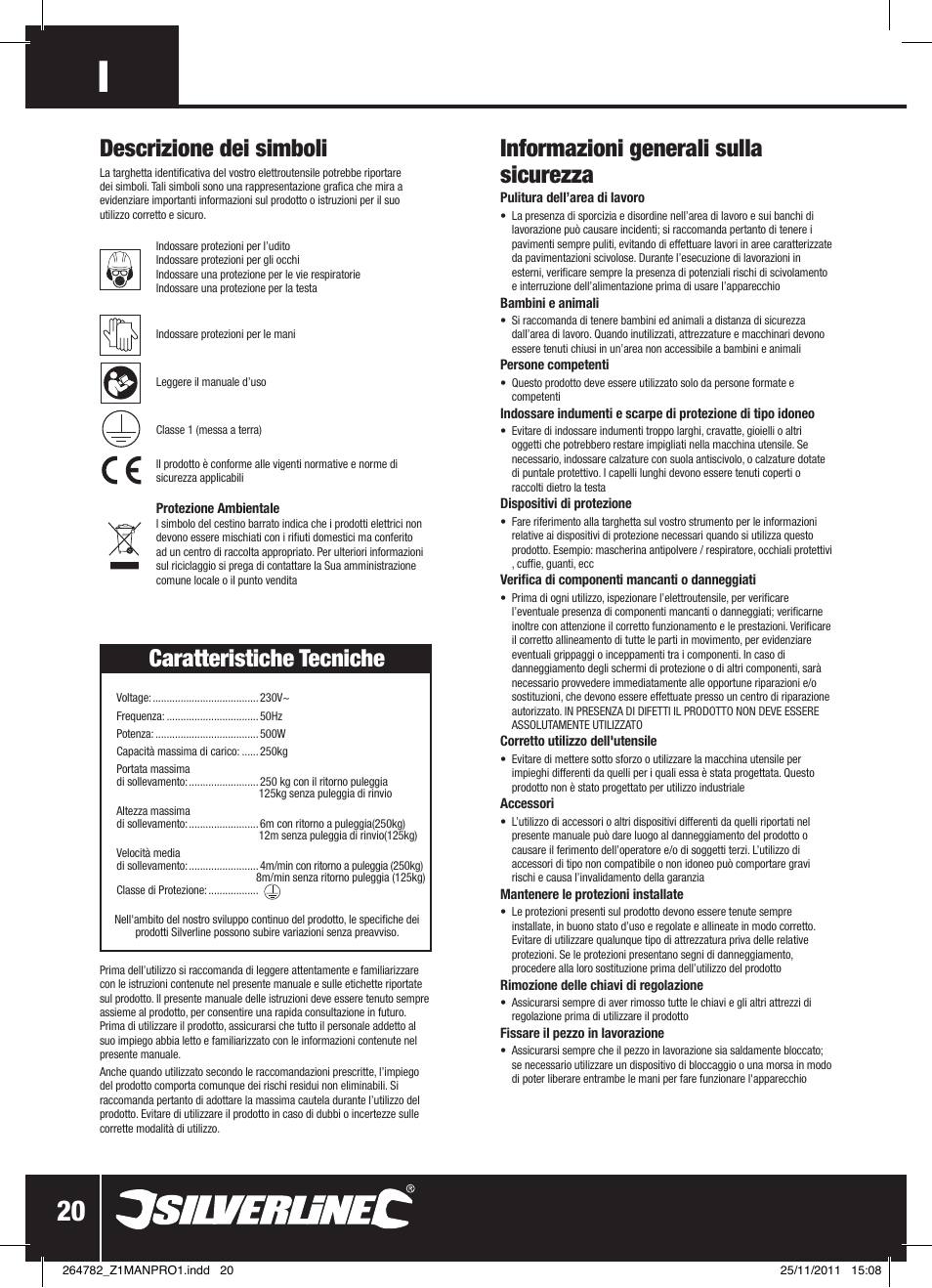 Informazioni generali sulla sicurezza, Descrizione dei simboli, Caratteristiche tecniche | Silverline Electric Hoist 250kg User Manual | Page 21 / 28