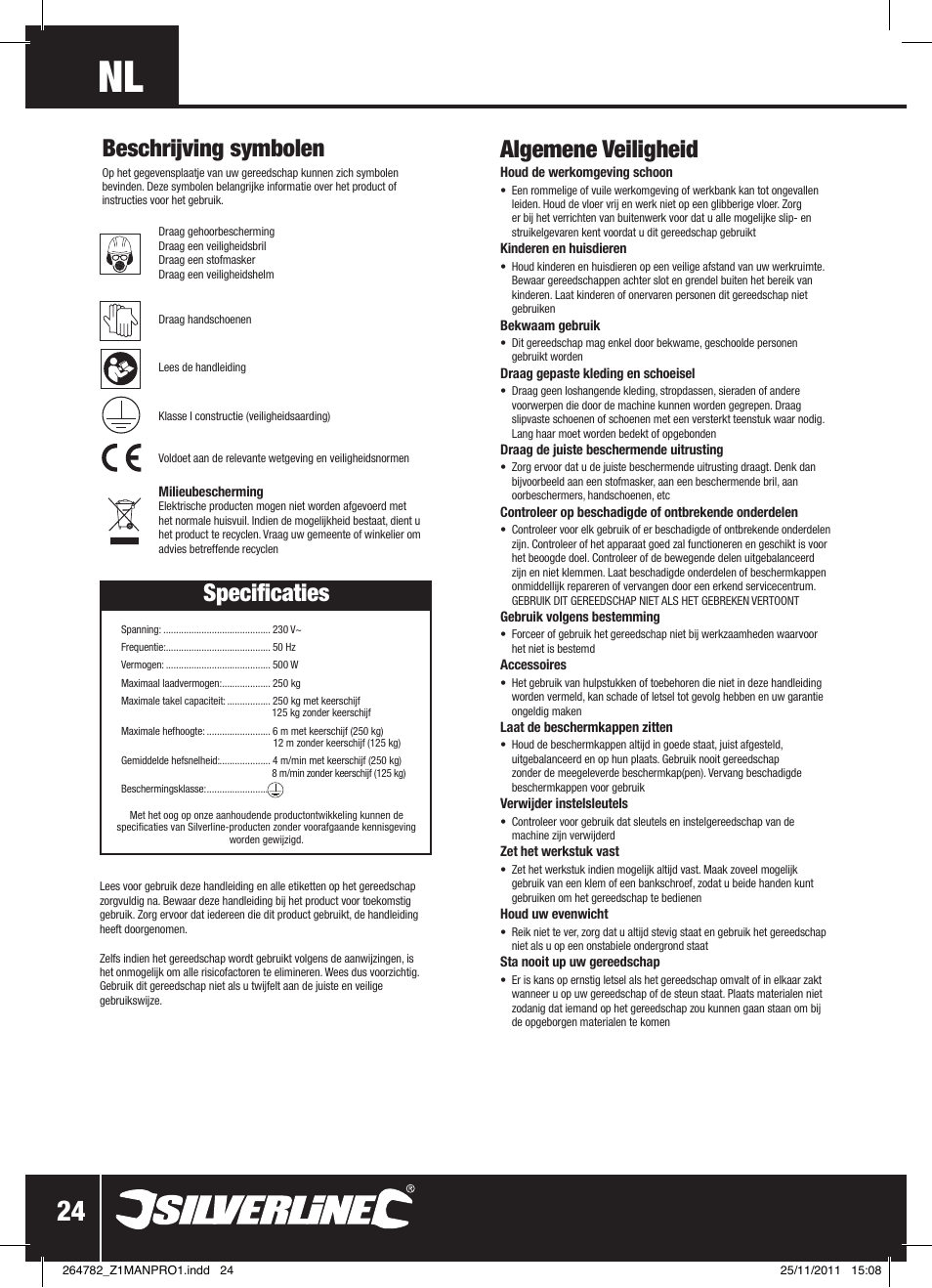 Algemene veiligheid, Beschrijving symbolen, Specificaties | Silverline Electric Hoist 250kg User Manual | Page 25 / 28