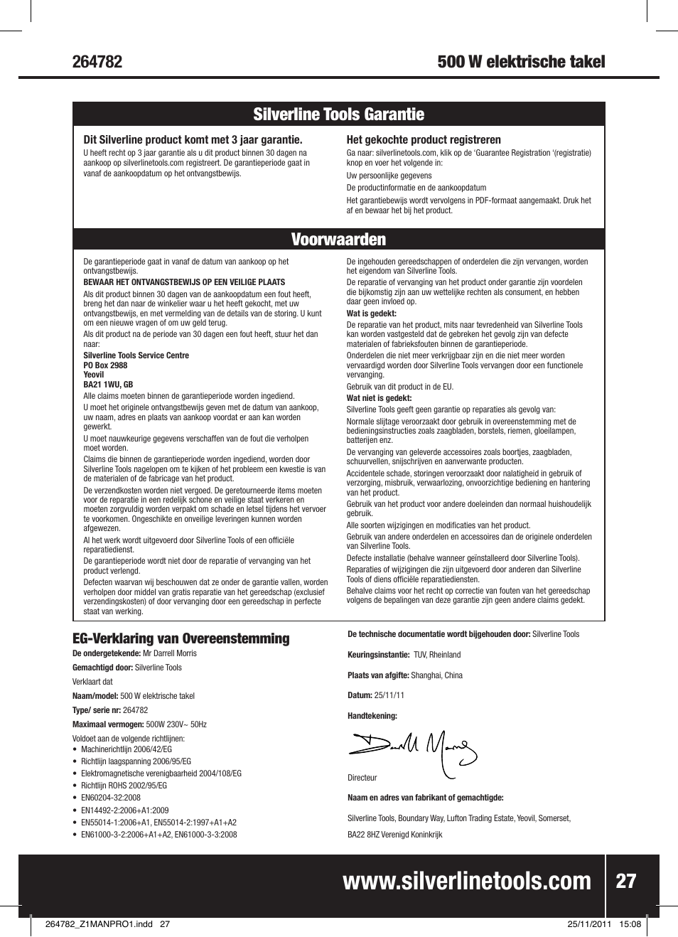 Voorwaarden silverline tools garantie, Eg-verklaring van overeenstemming | Silverline Electric Hoist 250kg User Manual | Page 28 / 28