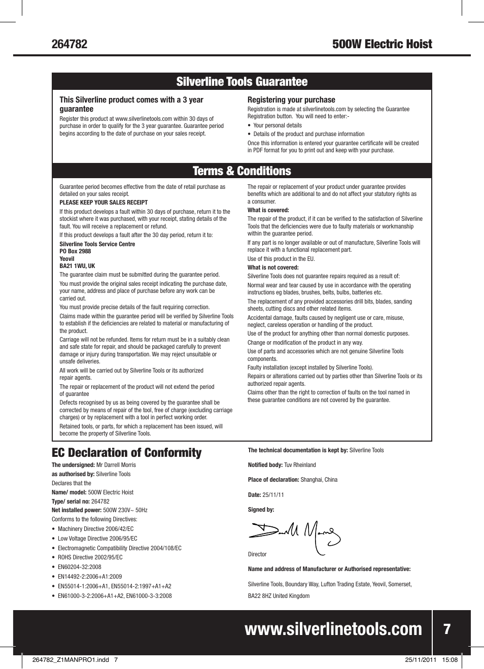 Ec declaration of conformity | Silverline Electric Hoist 250kg User Manual | Page 8 / 28