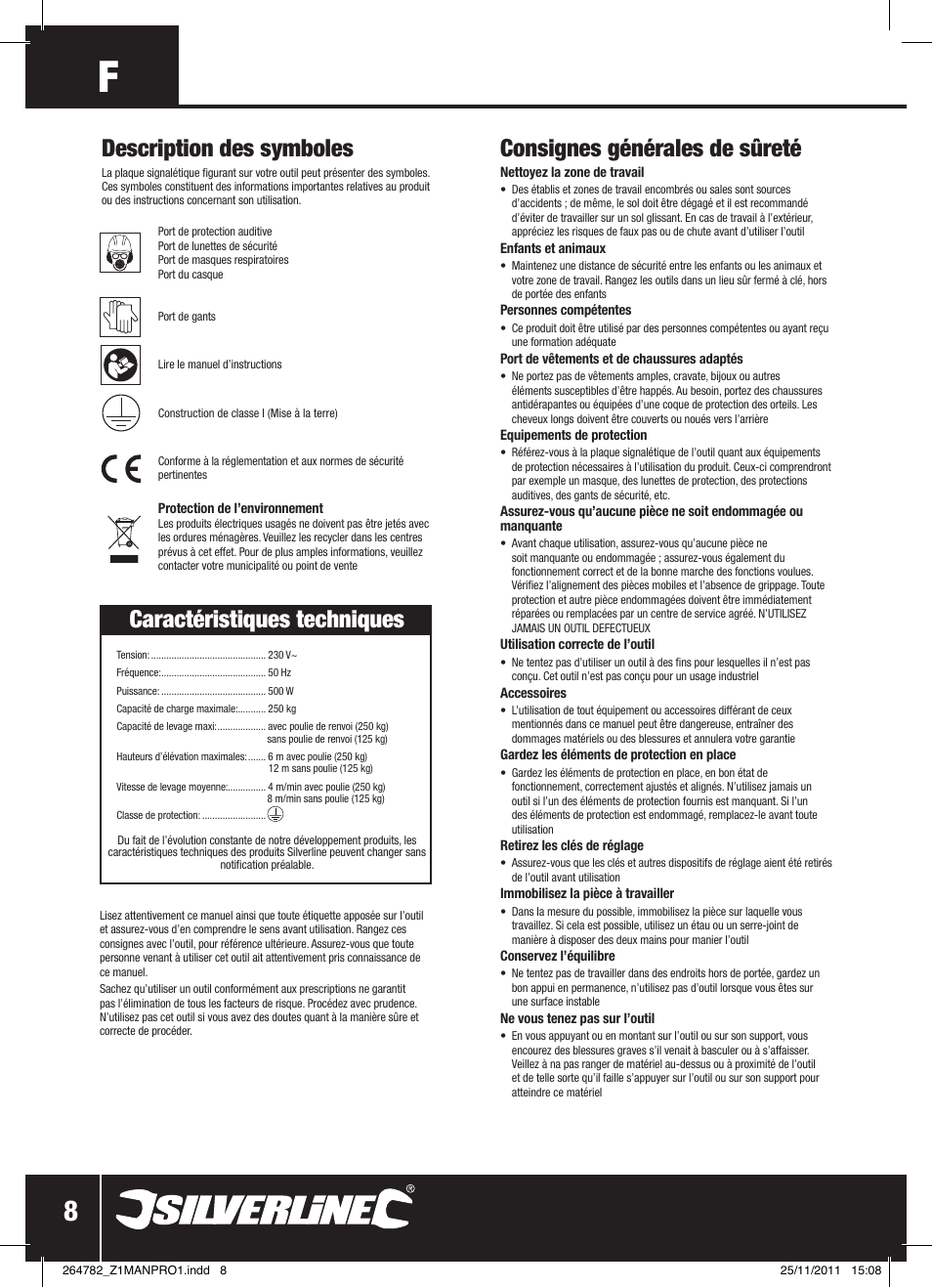 Consignes générales de sûreté, Description des symboles, Caractéristiques techniques | Silverline Electric Hoist 250kg User Manual | Page 9 / 28