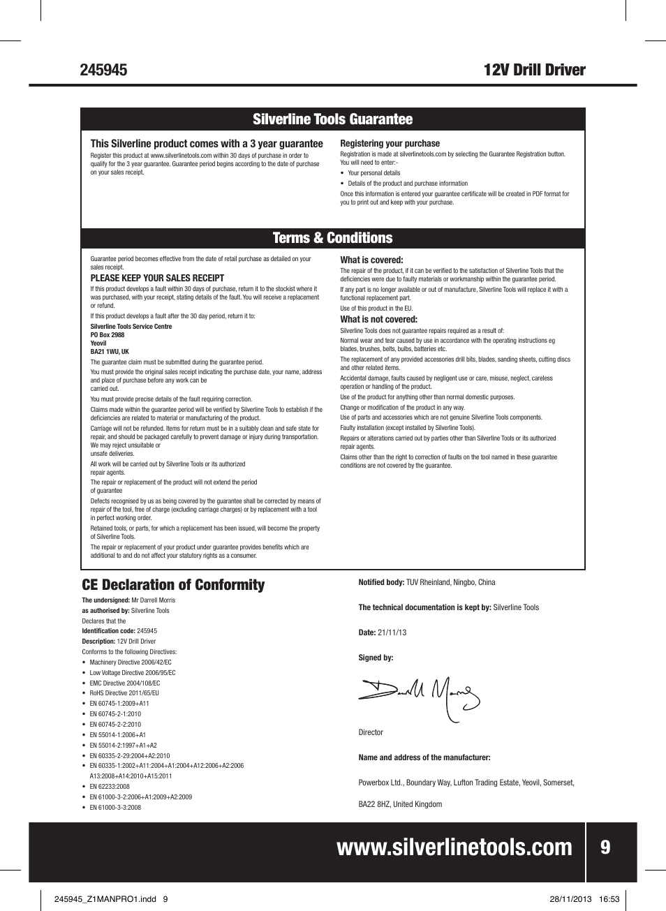 Ce declaration of conformity, Terms & conditions silverline tools guarantee | Silverline 12V Drill Driver User Manual | Page 10 / 40