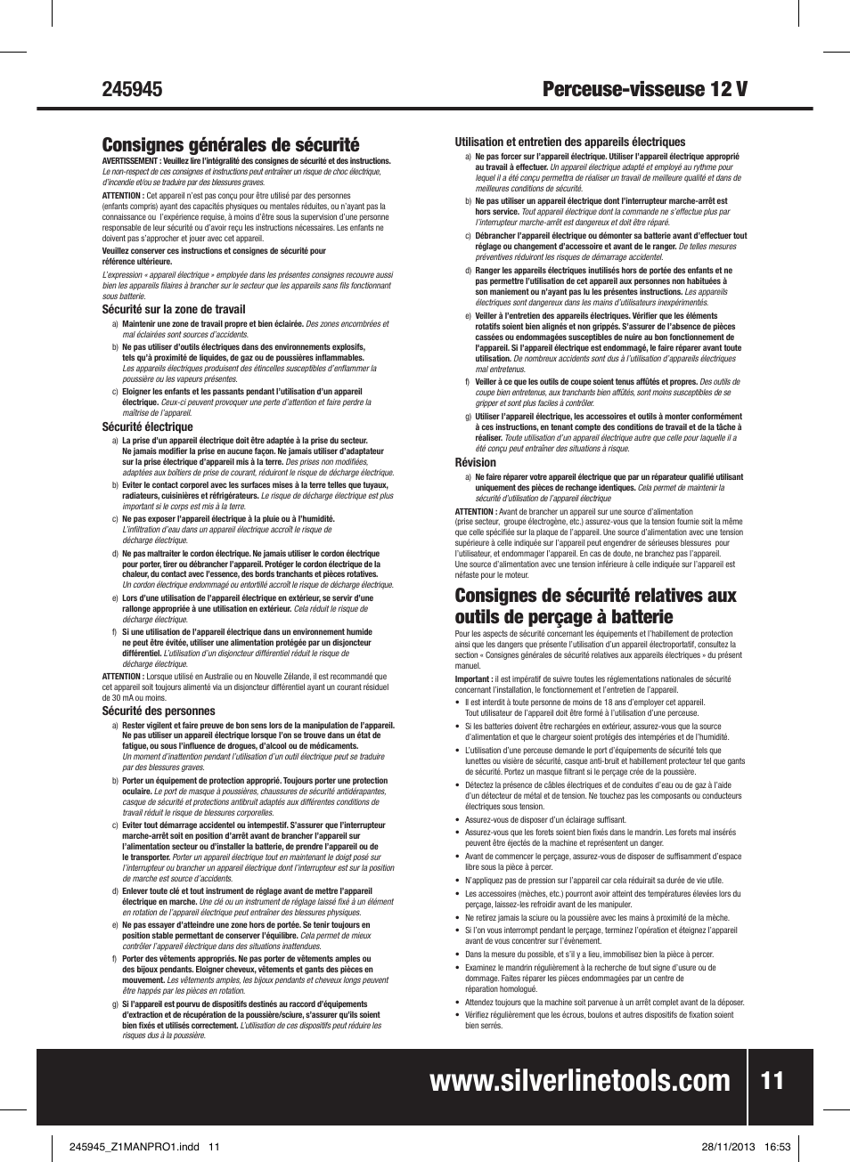 Consignes générales de sécurité | Silverline 12V Drill Driver User Manual | Page 12 / 40