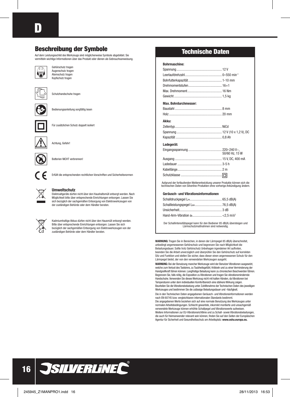 Beschreibung der symbole, Technische daten | Silverline 12V Drill Driver User Manual | Page 17 / 40