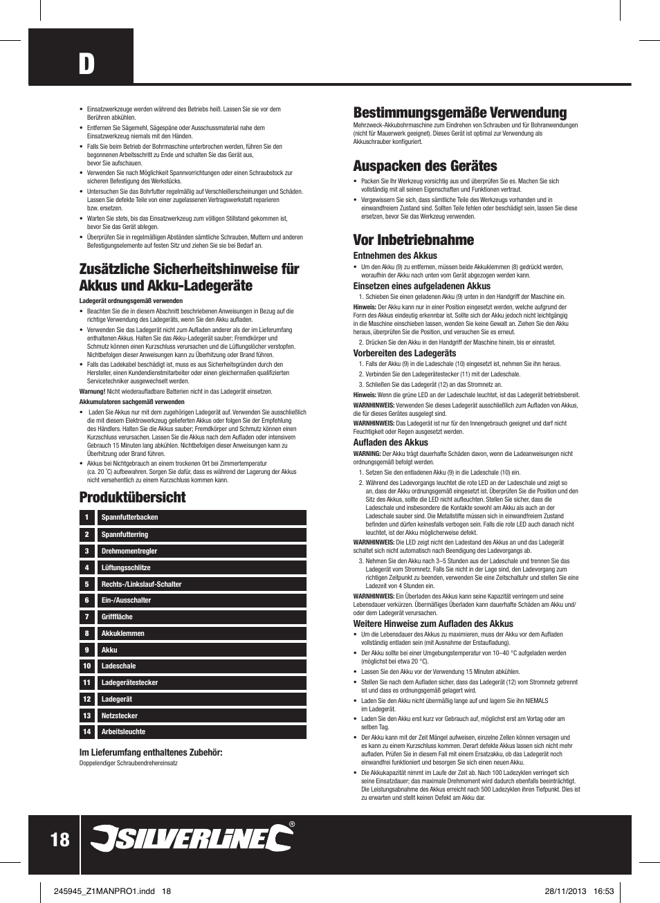 Bestimmungsgemäße verwendung, Auspacken des gerätes, Vor inbetriebnahme | Produktübersicht | Silverline 12V Drill Driver User Manual | Page 19 / 40