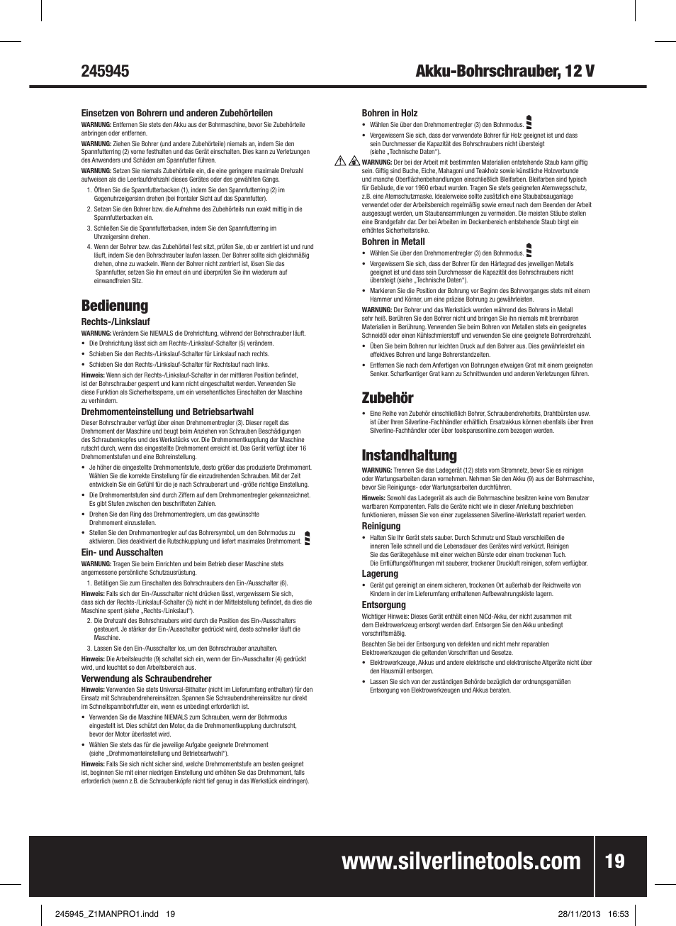 Bedienung, Zubehör, Instandhaltung | Silverline 12V Drill Driver User Manual | Page 20 / 40