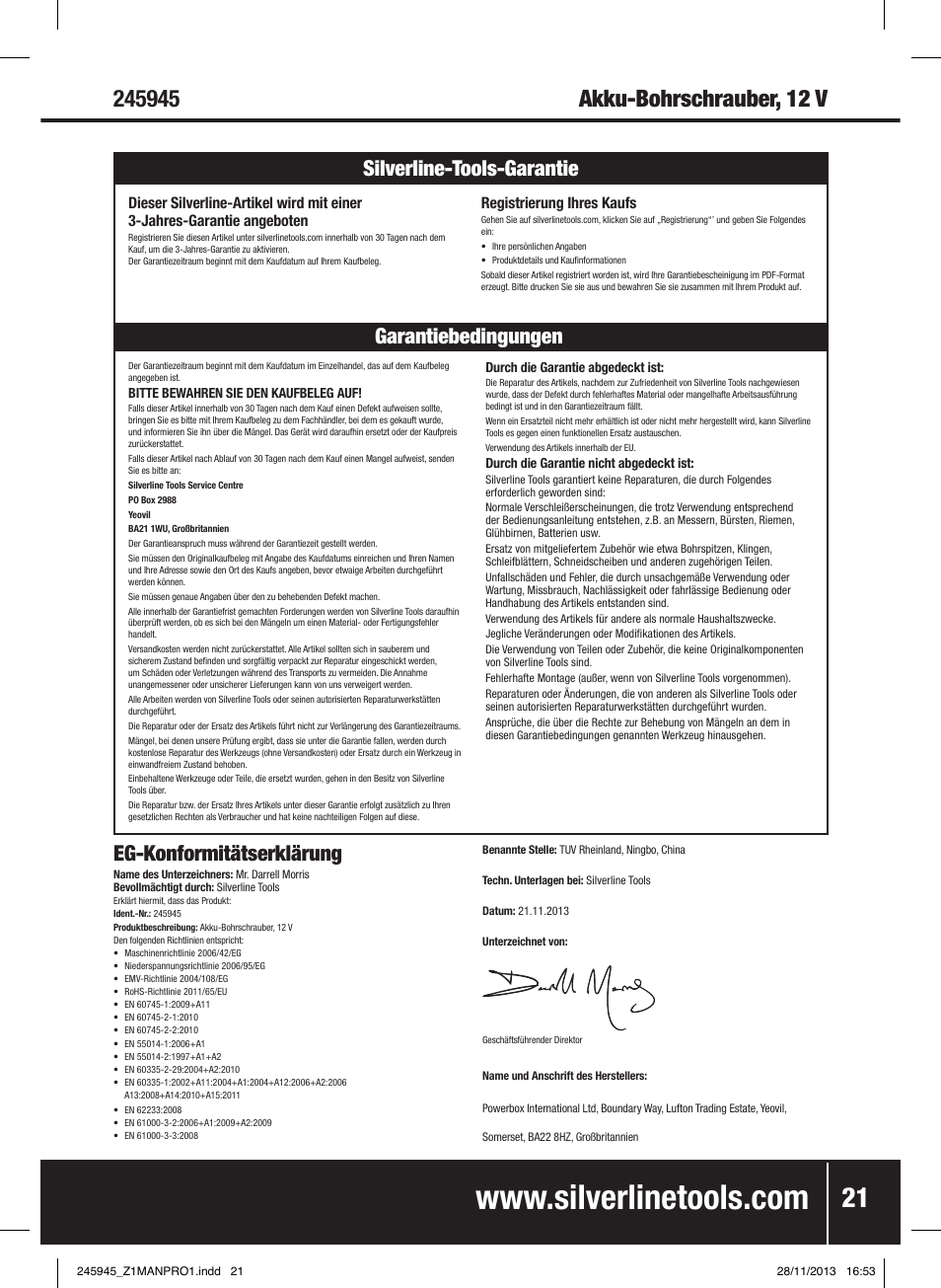 Eg-konformitätserklärung, Garantiebedingungen silverline-tools-garantie | Silverline 12V Drill Driver User Manual | Page 22 / 40