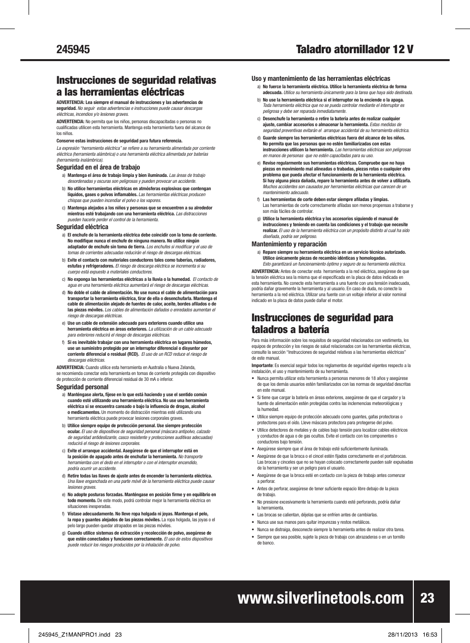 Instrucciones de seguridad para taladros a batería | Silverline 12V Drill Driver User Manual | Page 24 / 40