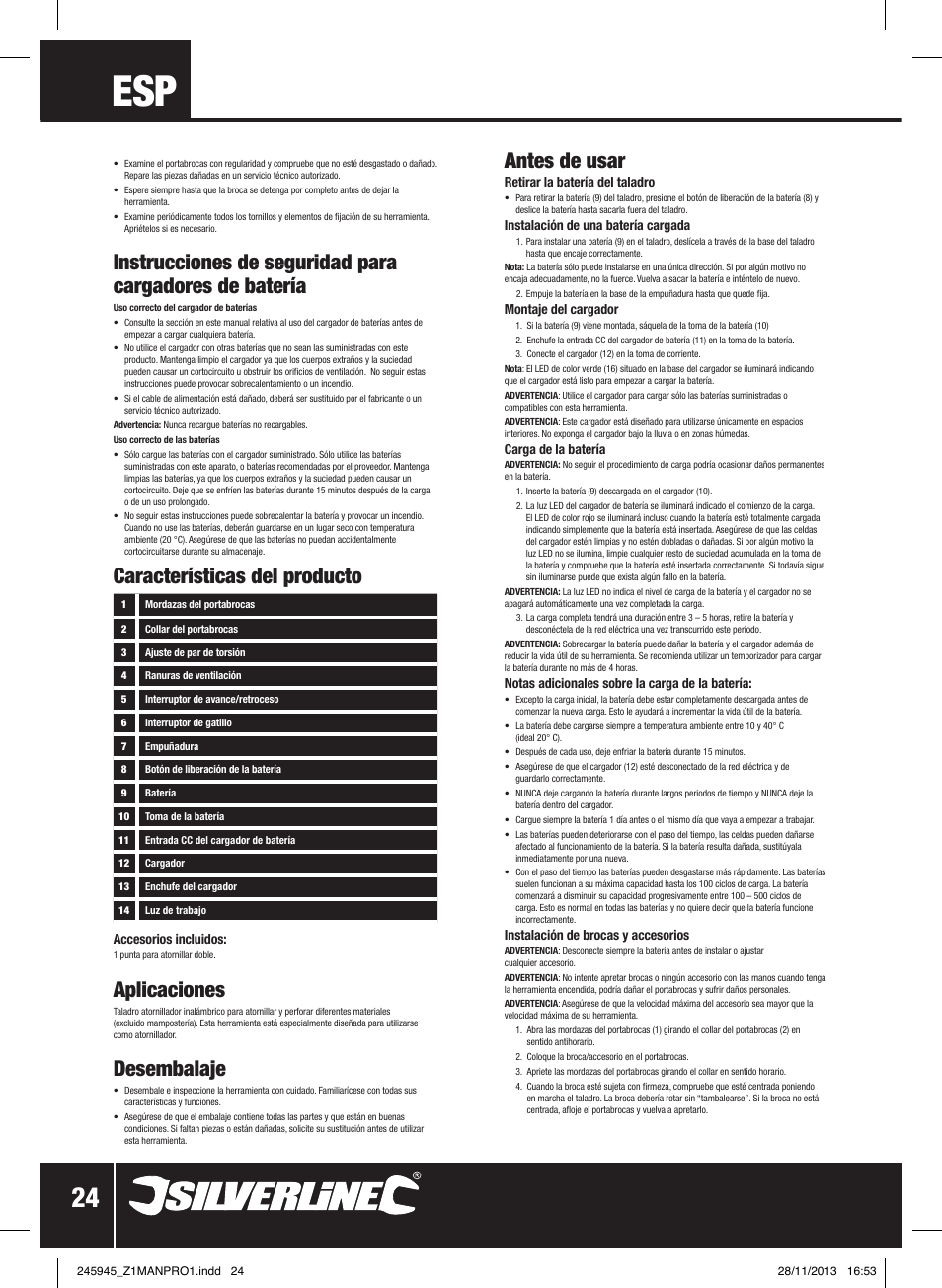 Aplicaciones, Desembalaje, Antes de usar | Características del producto | Silverline 12V Drill Driver User Manual | Page 25 / 40