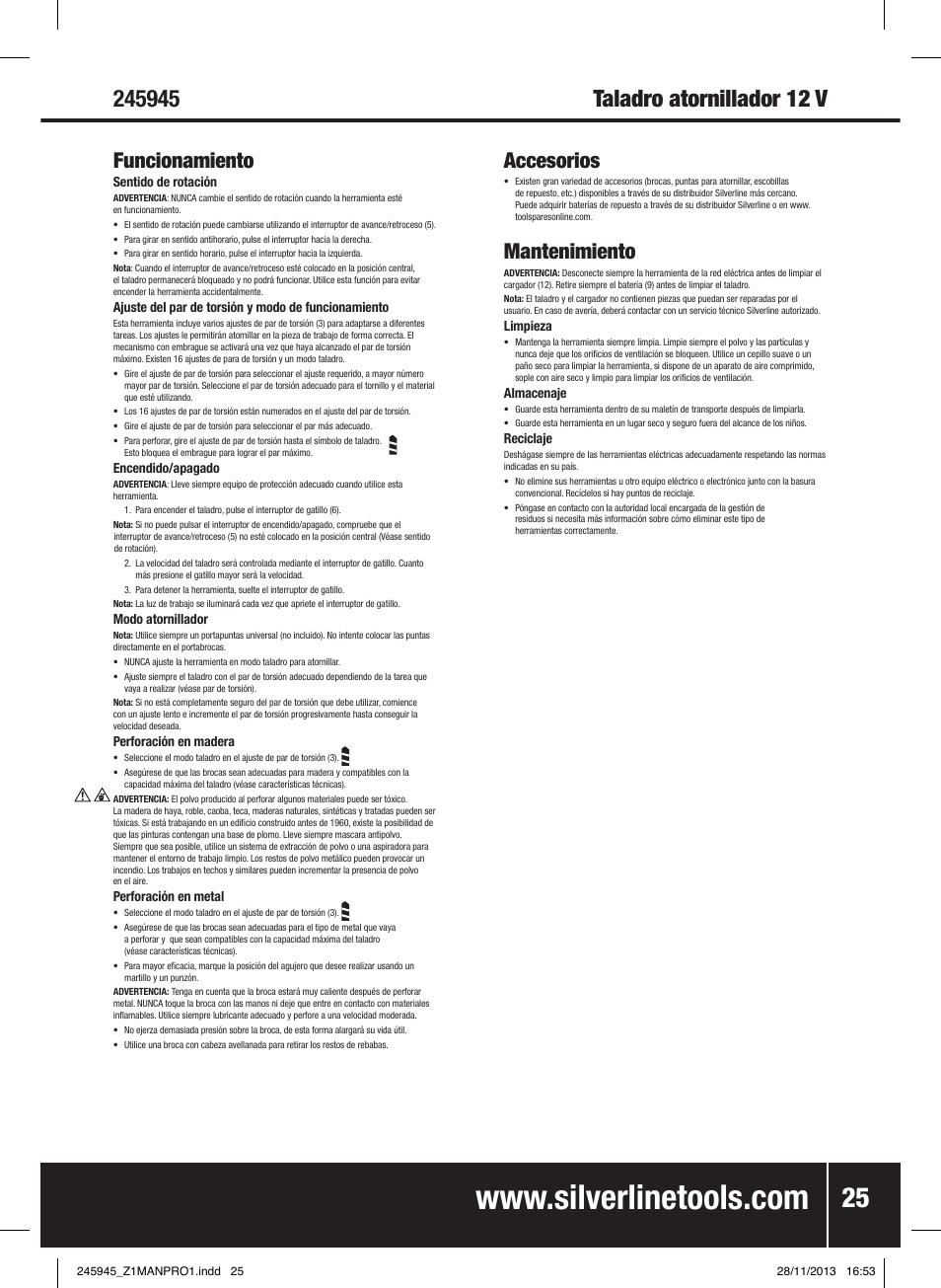 Funcionamiento, Accesorios, Mantenimiento | Silverline 12V Drill Driver User Manual | Page 26 / 40