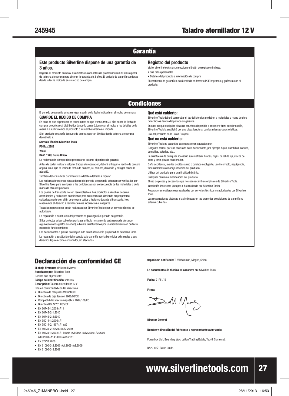 Garantía silverline tools condiciones garantía, Declaración de conformidad ce | Silverline 12V Drill Driver User Manual | Page 28 / 40