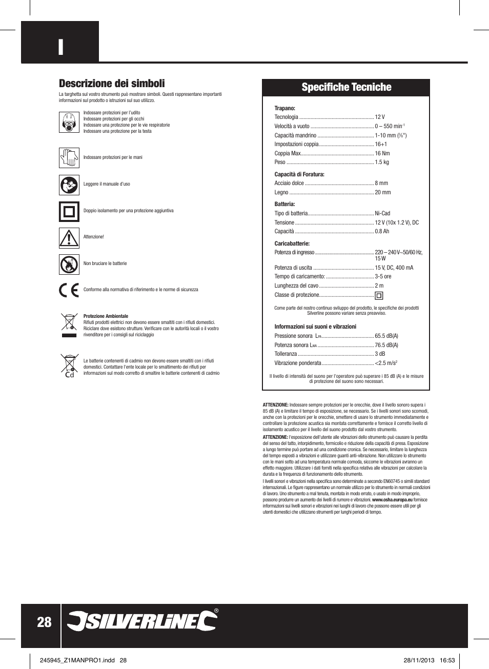 Descrizione dei simboli, Specifiche tecniche | Silverline 12V Drill Driver User Manual | Page 29 / 40