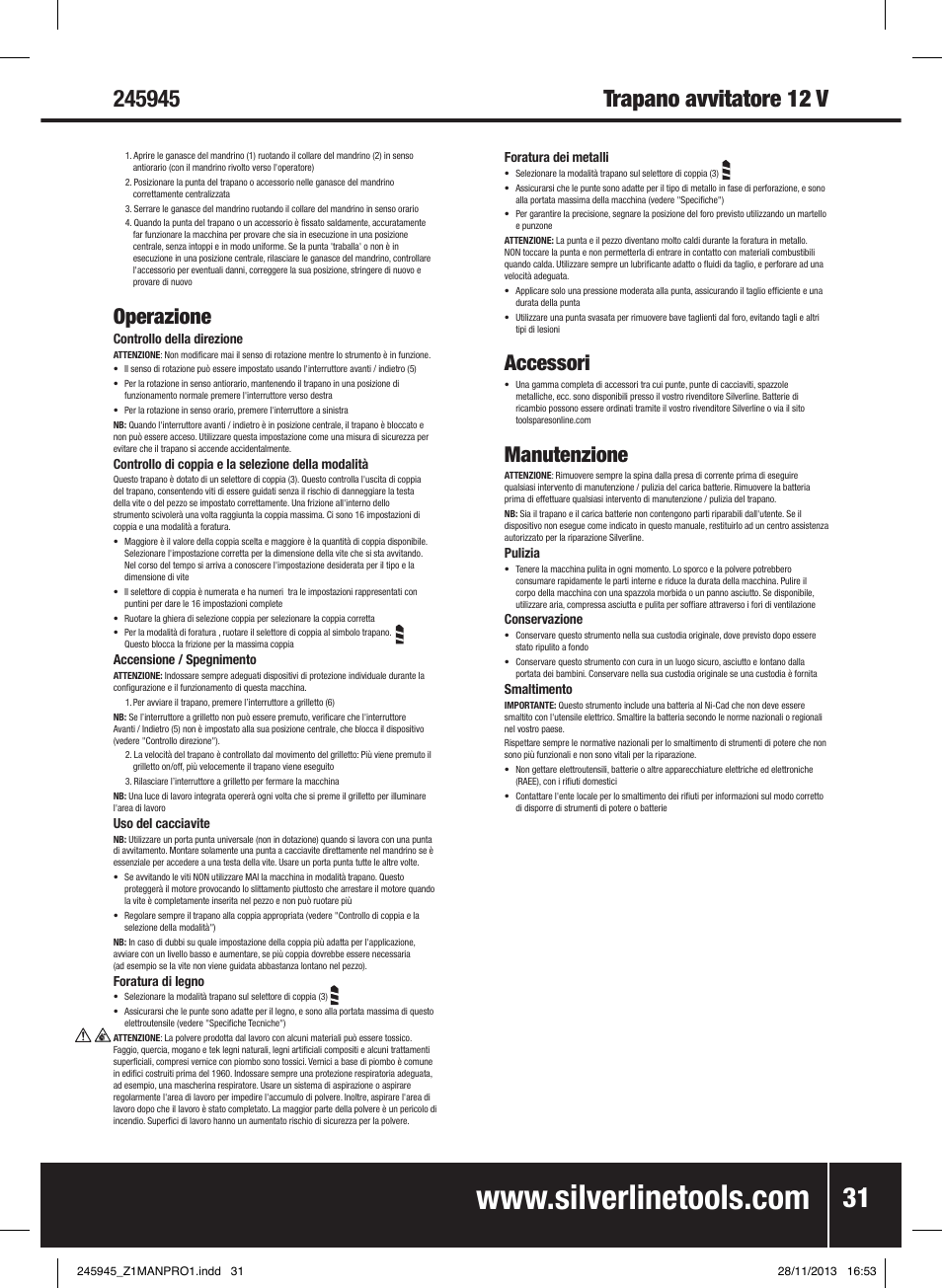 Operazione, Accessori, Manutenzione | Silverline 12V Drill Driver User Manual | Page 32 / 40