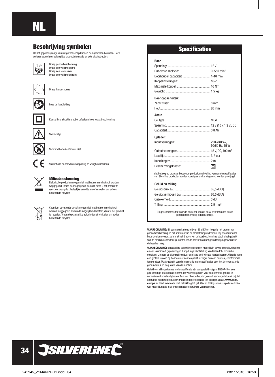 Beschrijving symbolen, Specificaties | Silverline 12V Drill Driver User Manual | Page 35 / 40