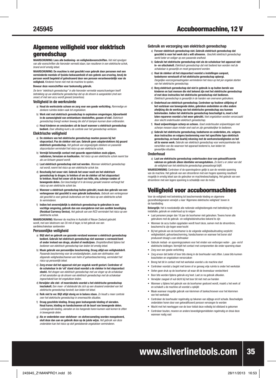 Algemene veiligheid voor elektrisch gereedschap, Veiligheid voor accuboormachines | Silverline 12V Drill Driver User Manual | Page 36 / 40