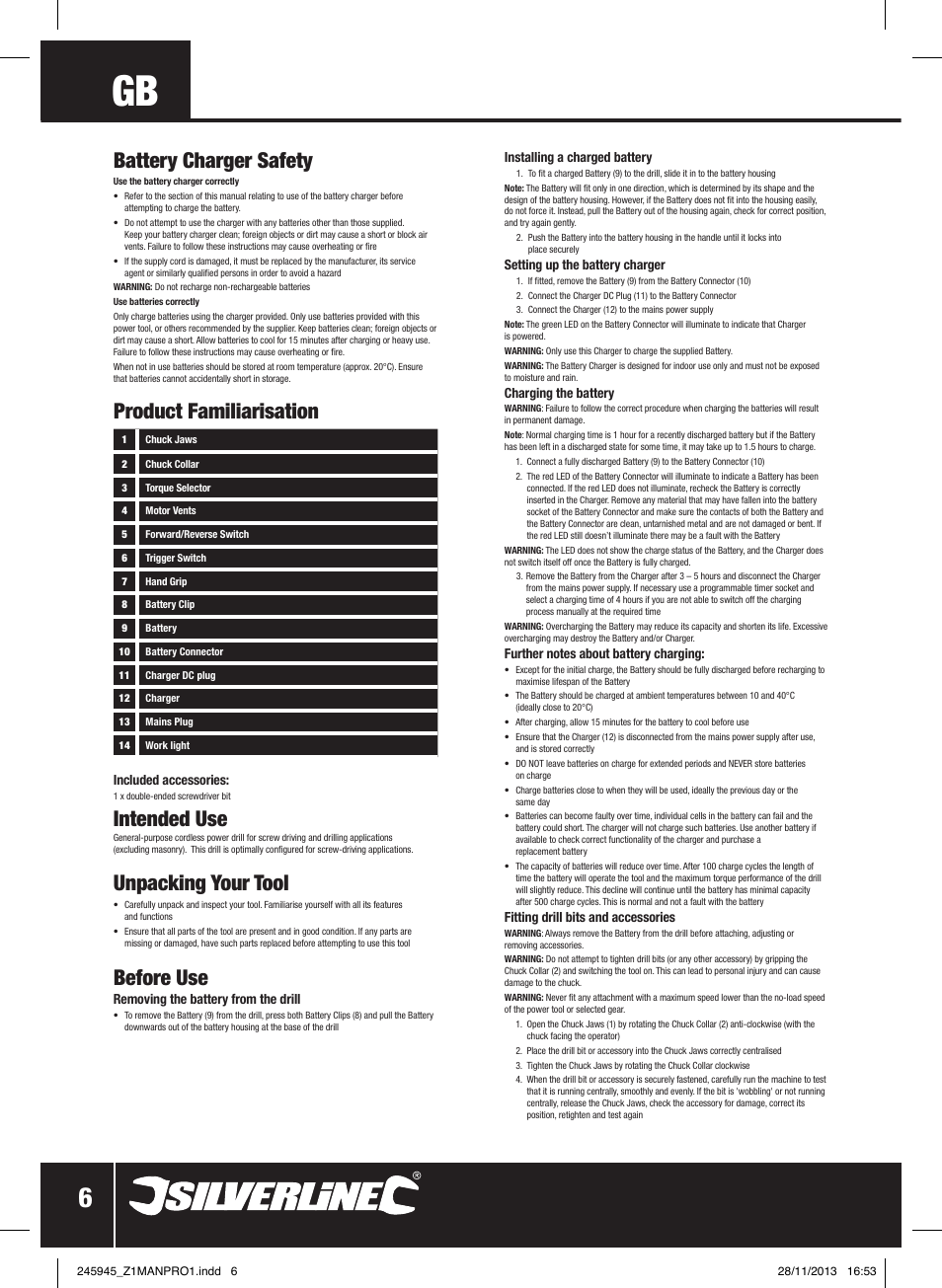 Battery charger safety, Intended use, Unpacking your tool | Before use, Product familiarisation | Silverline 12V Drill Driver User Manual | Page 7 / 40