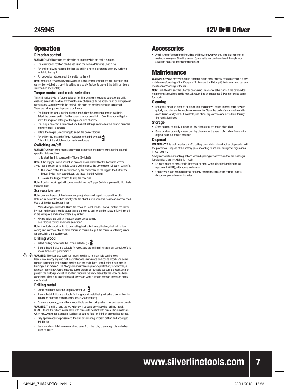 Operation, Accessories, Maintenance | Silverline 12V Drill Driver User Manual | Page 8 / 40