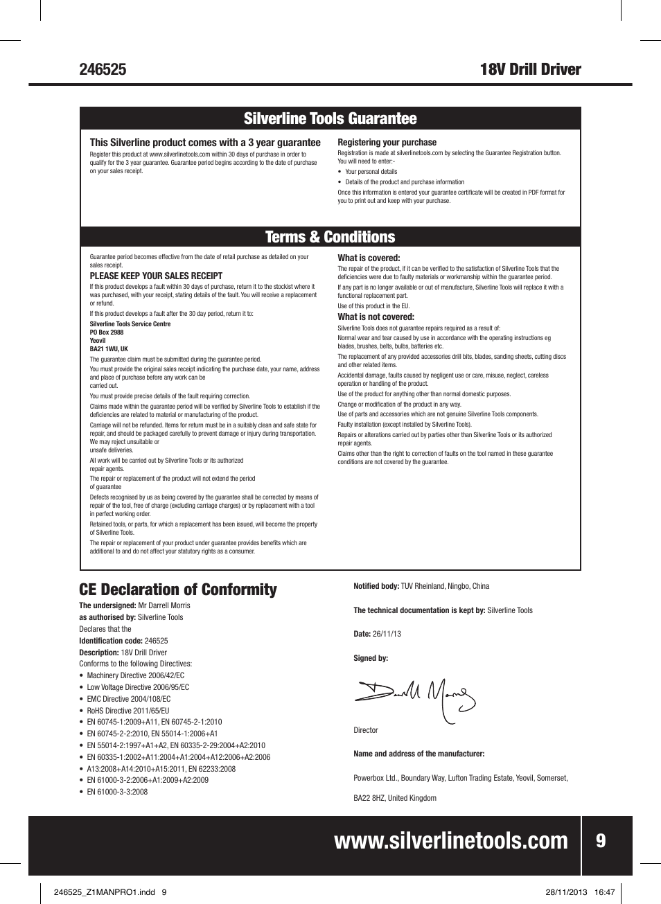 Ce declaration of conformity, Terms & conditions silverline tools guarantee | Silverline 18V Drill Driver User Manual | Page 10 / 40