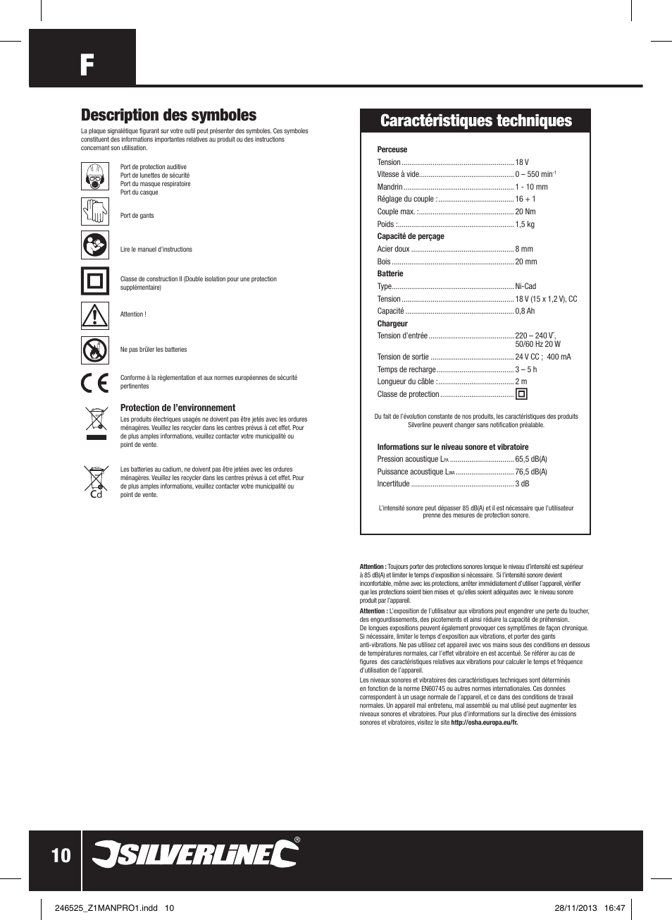 Description des symboles, Caractéristiques techniques | Silverline 18V Drill Driver User Manual | Page 11 / 40