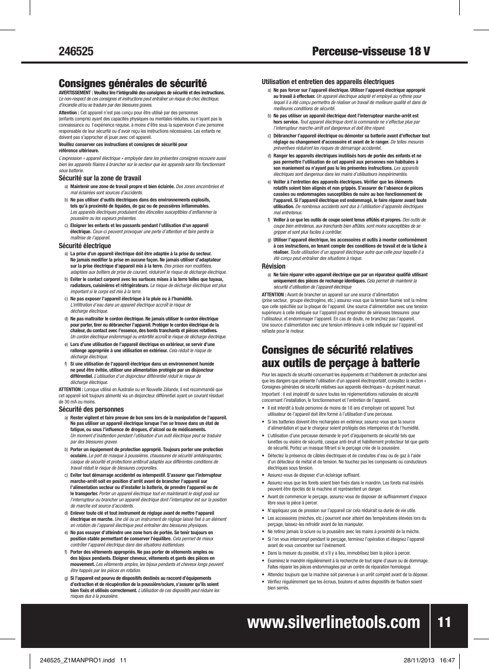 Consignes générales de sécurité, Consignes | Silverline 18V Drill Driver User Manual | Page 12 / 40