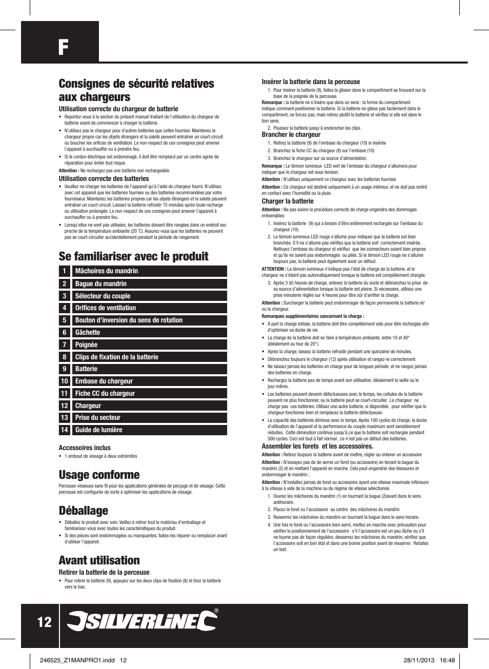 Usage conforme, Déballage, Avant utilisation | Silverline 18V Drill Driver User Manual | Page 13 / 40
