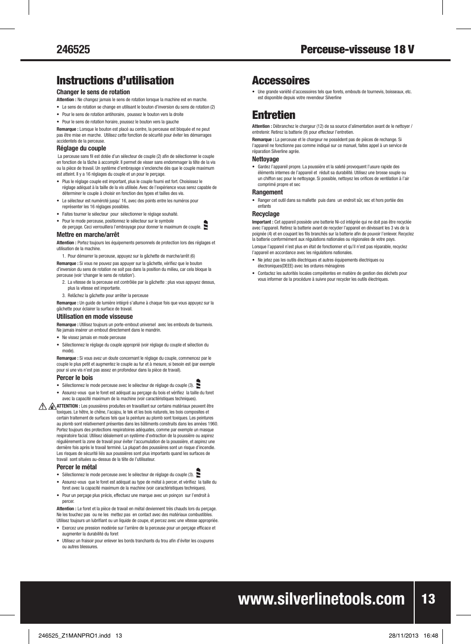 Accessoires, Entretien | Silverline 18V Drill Driver User Manual | Page 14 / 40