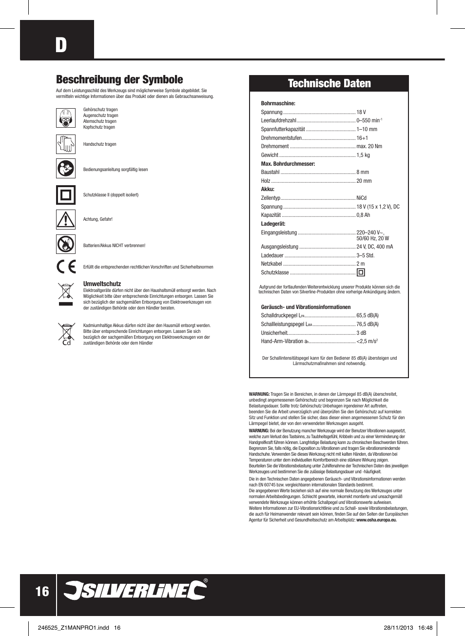 Beschreibung der symbole, Technische daten | Silverline 18V Drill Driver User Manual | Page 17 / 40