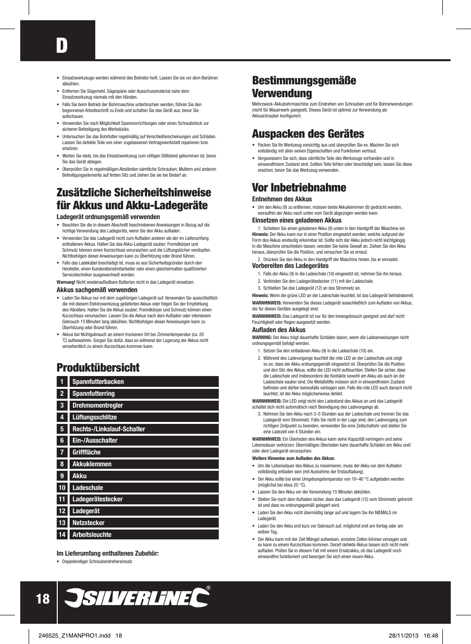 Produktübersicht, Bestimmungsgemäße verwendung, Auspacken des gerätes | Vor inbetriebnahme | Silverline 18V Drill Driver User Manual | Page 19 / 40