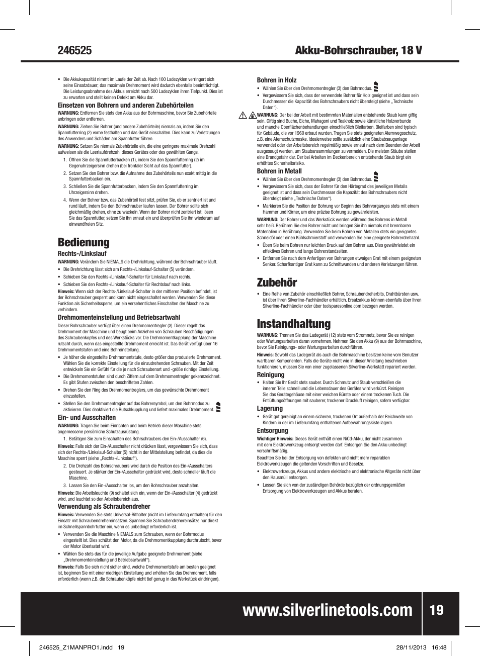 Bedienung, Zubehör, Instandhaltung | Silverline 18V Drill Driver User Manual | Page 20 / 40