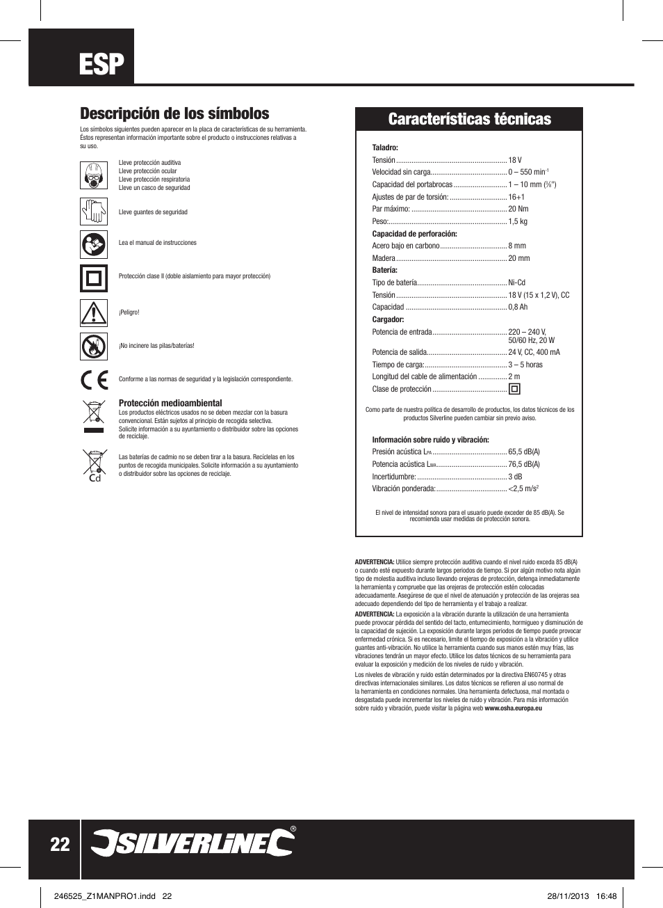 Descripción de los símbolos, Características técnicas | Silverline 18V Drill Driver User Manual | Page 23 / 40