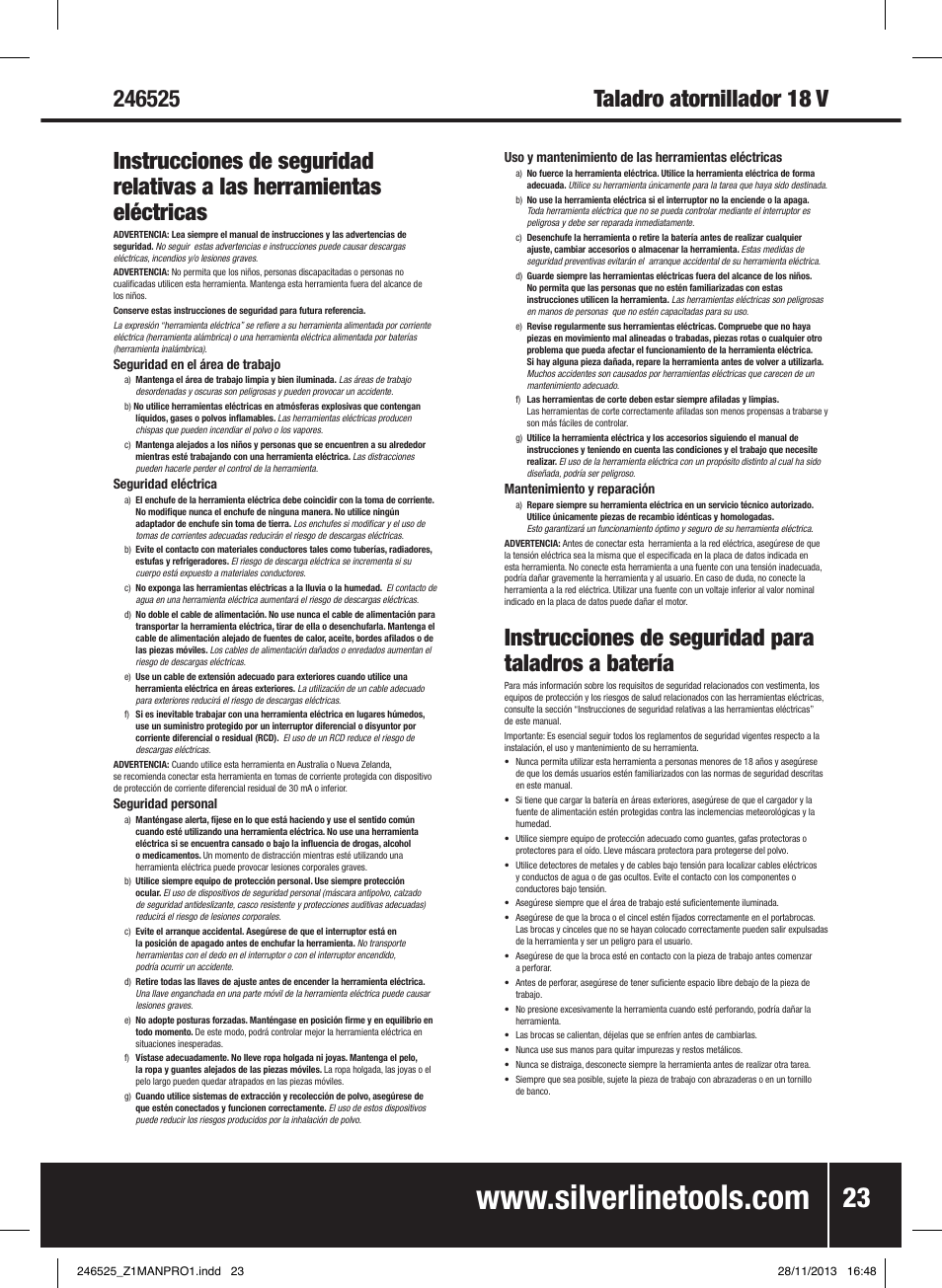 Instrucciones de seguridad para taladros a batería | Silverline 18V Drill Driver User Manual | Page 24 / 40