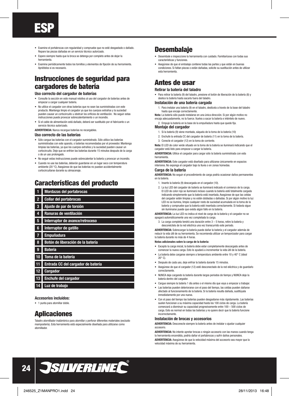 Características del producto, Aplicaciones, Desembalaje | Antes de usar | Silverline 18V Drill Driver User Manual | Page 25 / 40