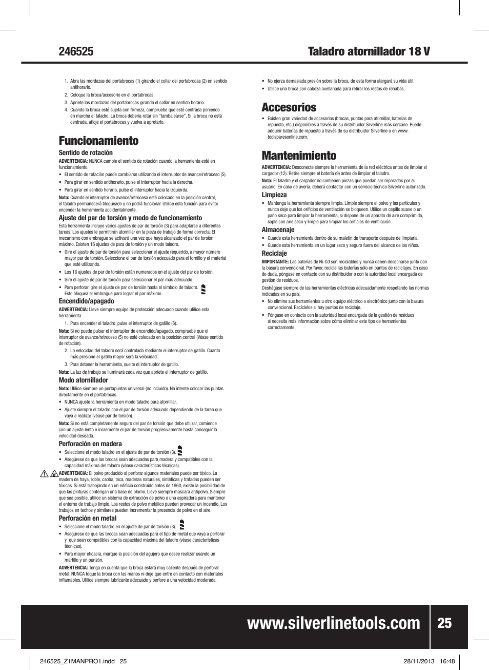 Funcionamiento, Accesorios, Mantenimiento | Silverline 18V Drill Driver User Manual | Page 26 / 40