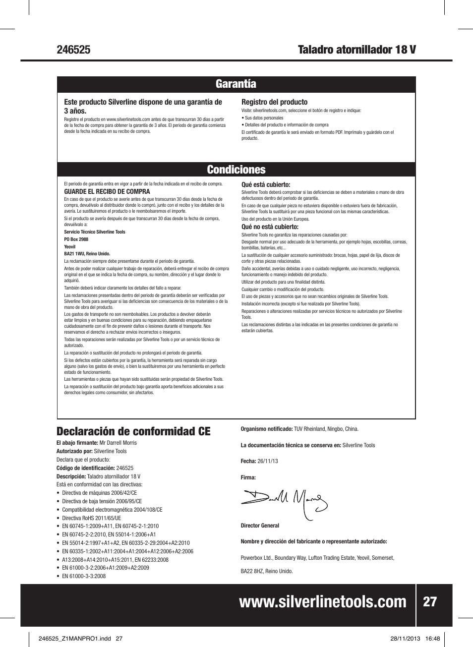 Declaración de conformidad ce | Silverline 18V Drill Driver User Manual | Page 28 / 40