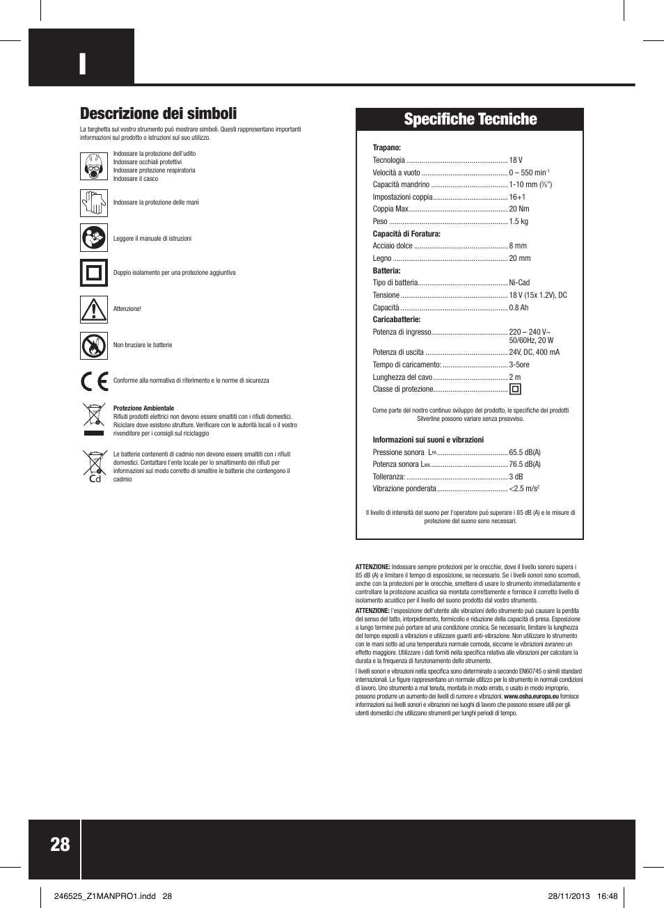 Descrizione dei simboli, Specifiche tecniche | Silverline 18V Drill Driver User Manual | Page 29 / 40