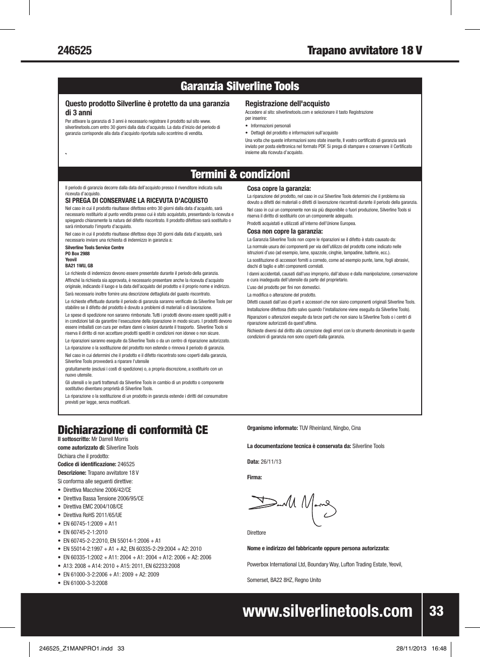 Dichiarazione di conformità ce | Silverline 18V Drill Driver User Manual | Page 34 / 40