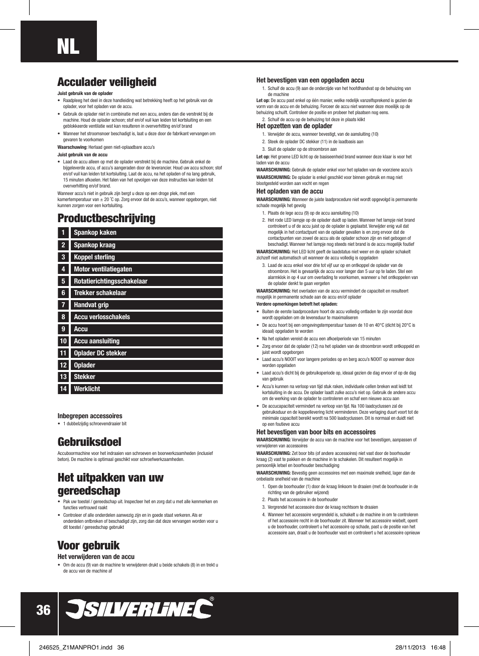 Productbeschrijving, Acculader veiligheid, Gebruiksdoel | Het uitpakken van uw gereedschap, Voor gebruik | Silverline 18V Drill Driver User Manual | Page 37 / 40