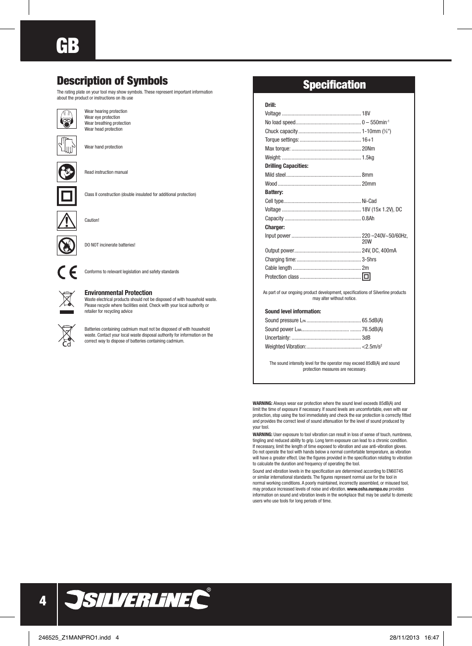 Description of symbols, Specification | Silverline 18V Drill Driver User Manual | Page 5 / 40