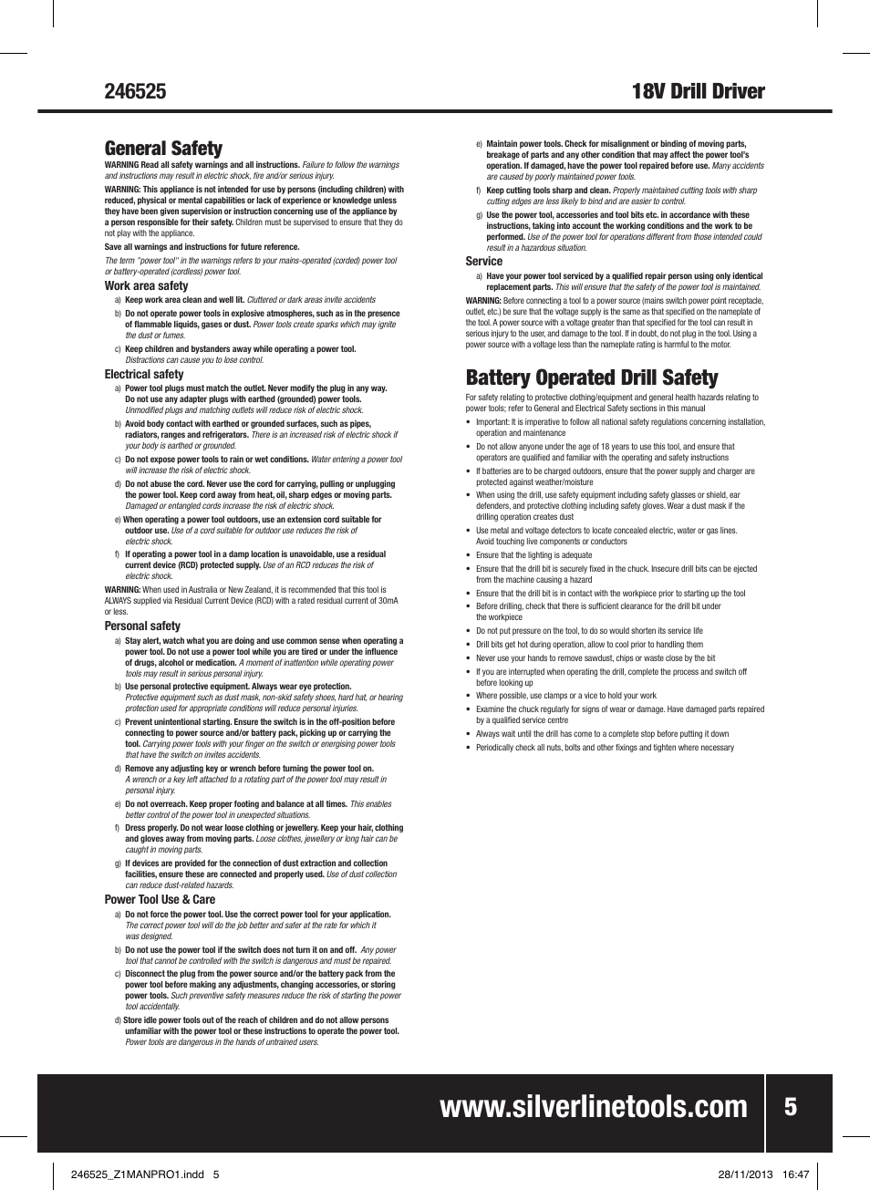 Battery operated drill safety, General safety | Silverline 18V Drill Driver User Manual | Page 6 / 40