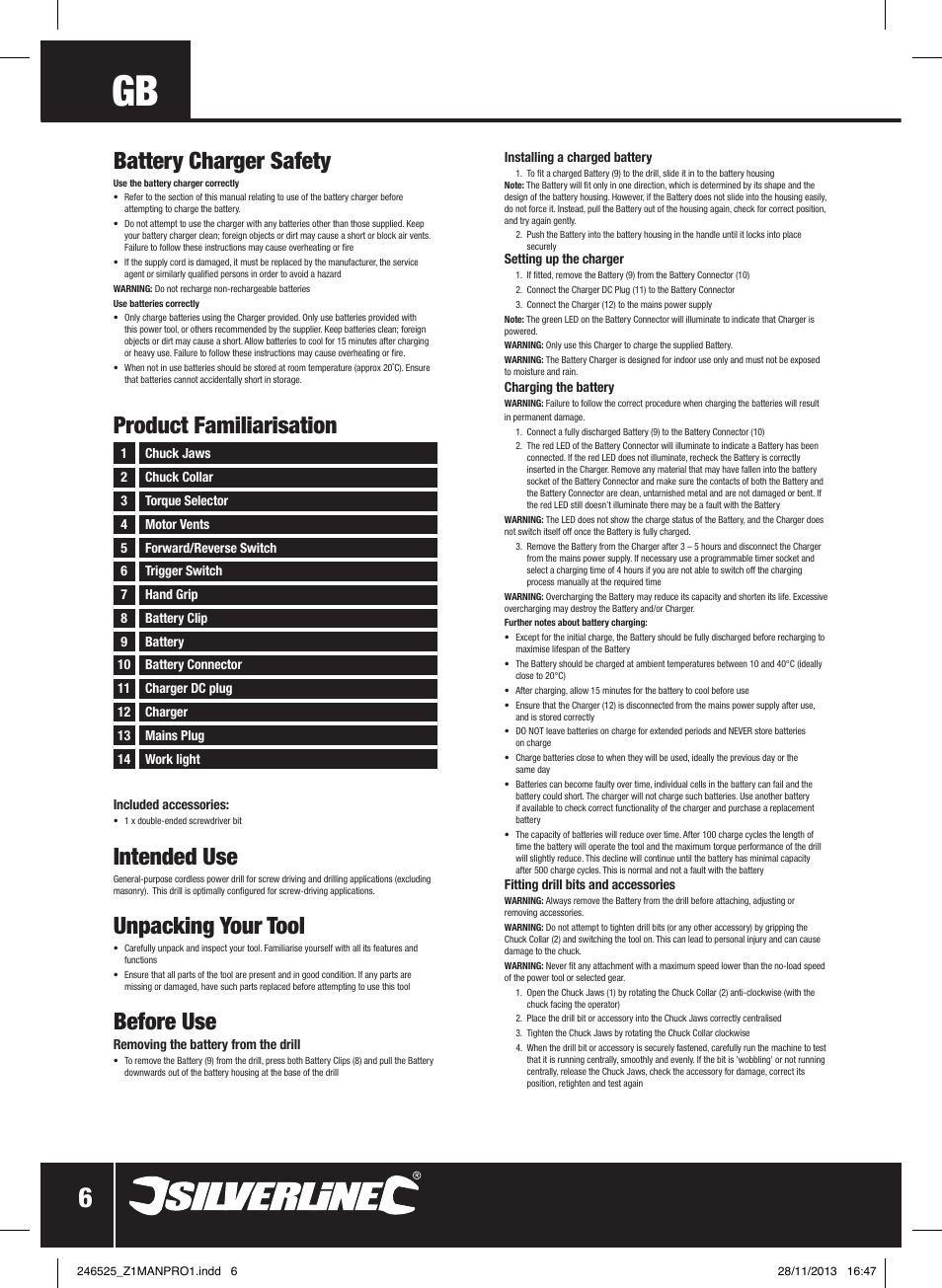 Product familiarisation battery charger safety, Intended use, Unpacking your tool | Before use | Silverline 18V Drill Driver User Manual | Page 7 / 40
