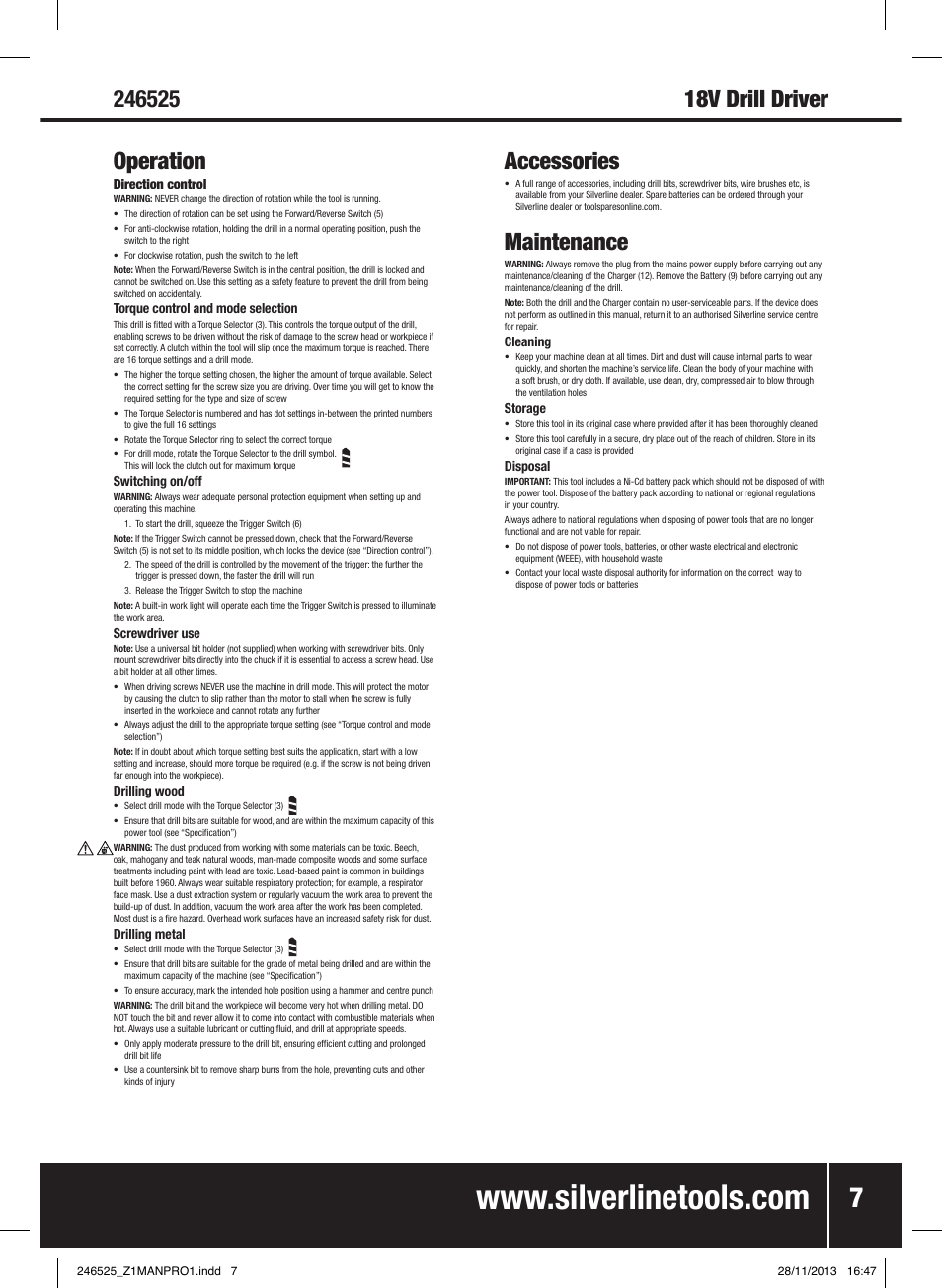 Accessories, Maintenance | Silverline 18V Drill Driver User Manual | Page 8 / 40
