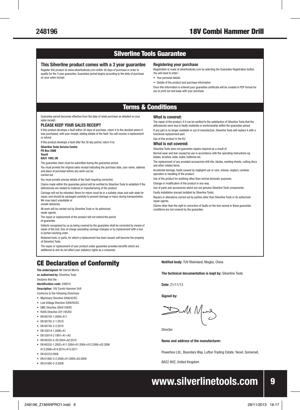 Ce declaration of conformity, Terms & conditions silverline tools guarantee | Silverline 18V Combi Hammer Drill User Manual | Page 10 / 40