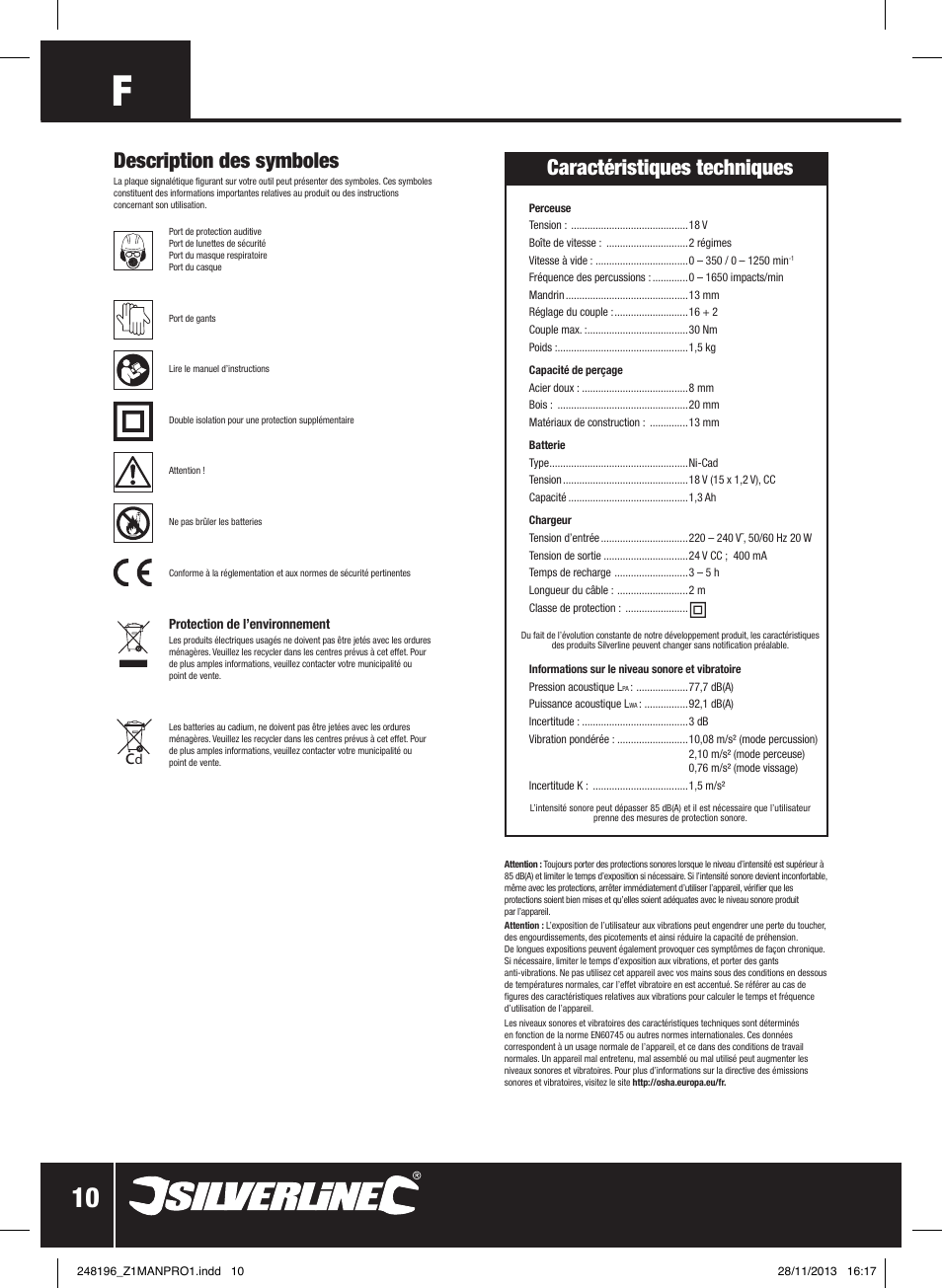 Description des symboles, Caractéristiques techniques | Silverline 18V Combi Hammer Drill User Manual | Page 11 / 40