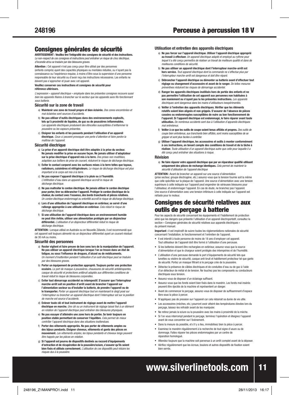 Consignes générales de sécurité | Silverline 18V Combi Hammer Drill User Manual | Page 12 / 40