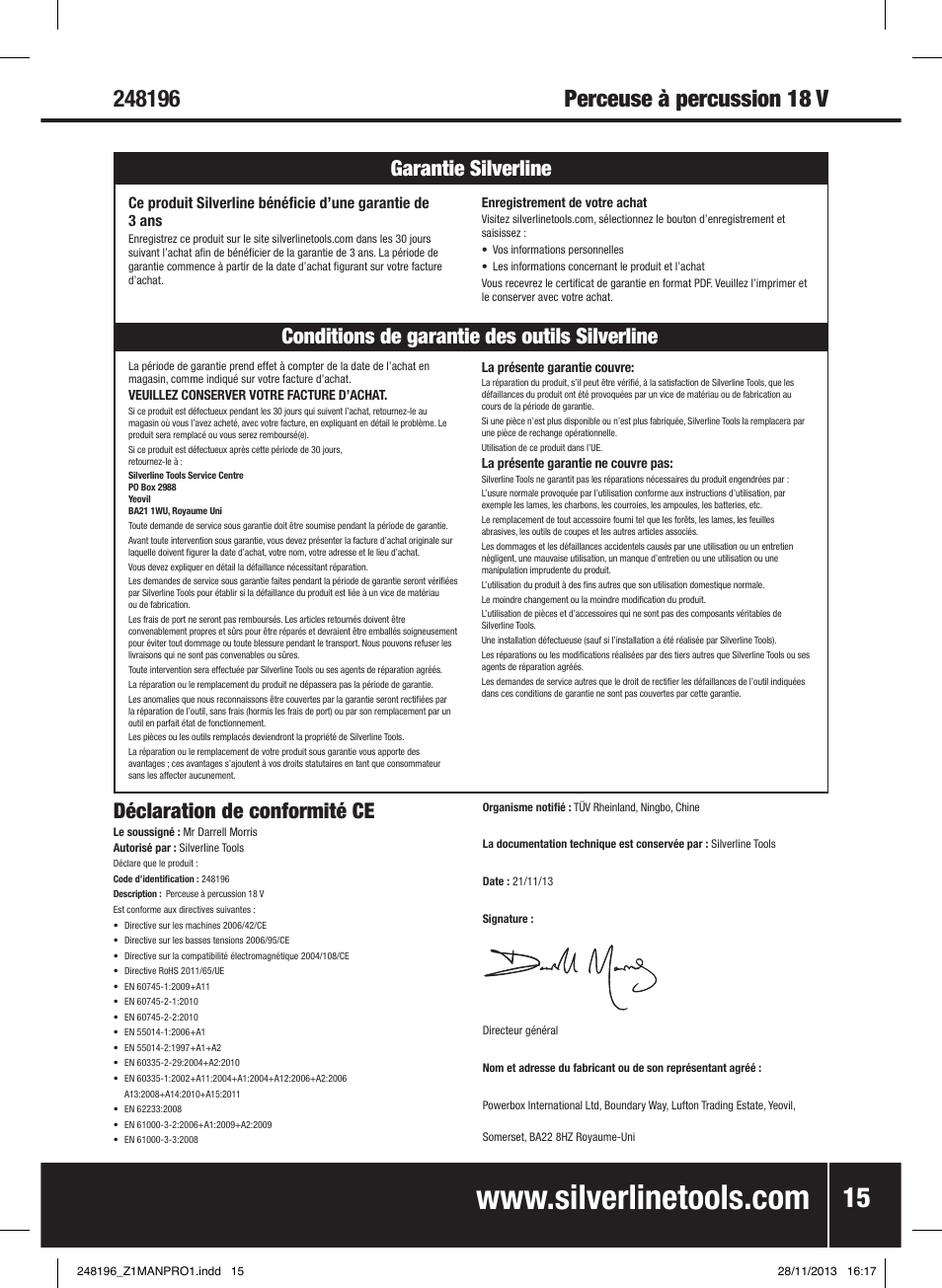 Déclaration de conformité ce | Silverline 18V Combi Hammer Drill User Manual | Page 16 / 40