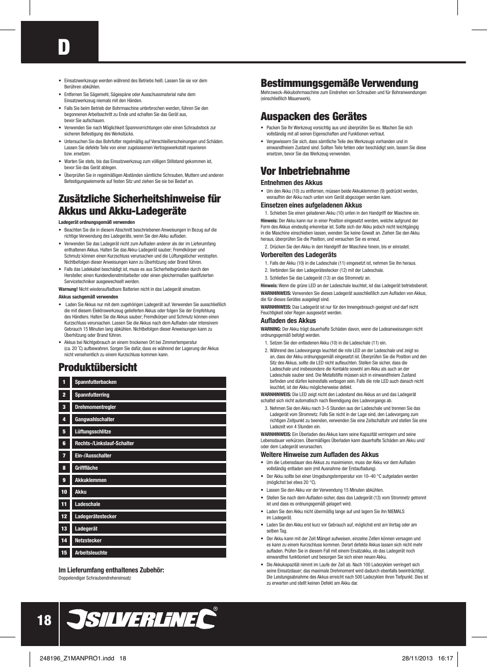 Bestimmungsgemäße verwendung, Auspacken des gerätes, Vor inbetriebnahme | Produktübersicht | Silverline 18V Combi Hammer Drill User Manual | Page 19 / 40