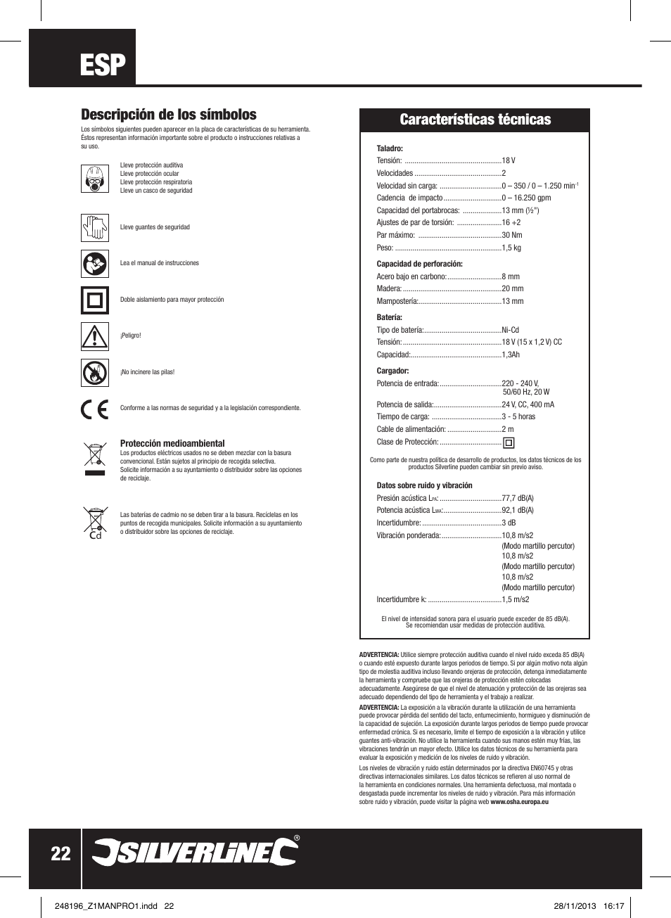 Descripción de los símbolos, Características técnicas | Silverline 18V Combi Hammer Drill User Manual | Page 23 / 40