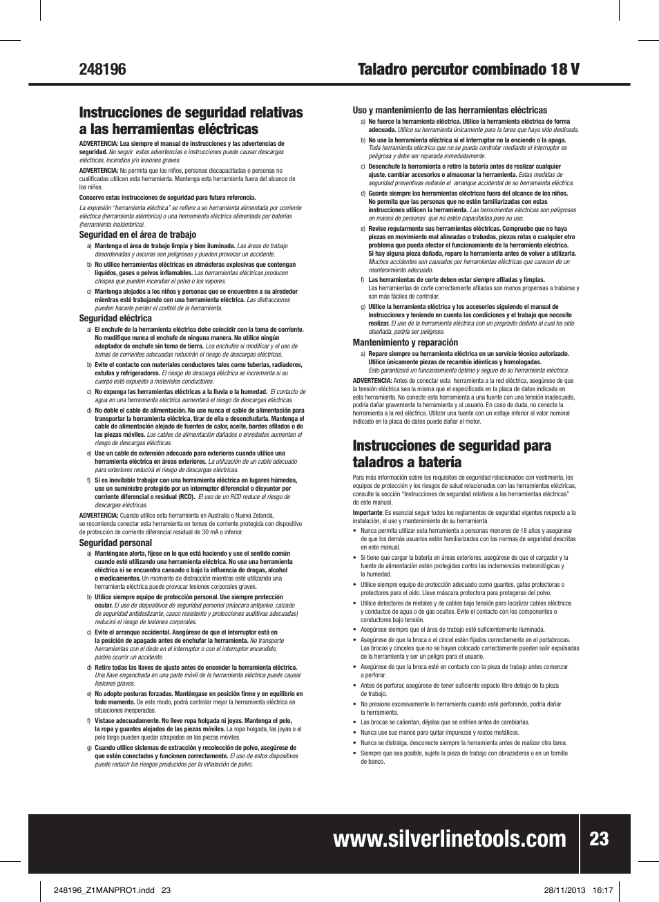 Instrucciones de seguridad para taladros a batería | Silverline 18V Combi Hammer Drill User Manual | Page 24 / 40